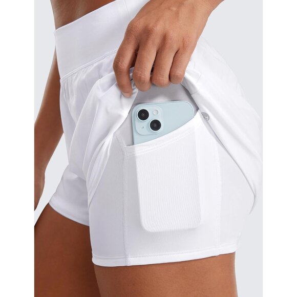 Women's Double Layer Running Shorts High Waisted Zipper Pockets - Picture 4 of 5